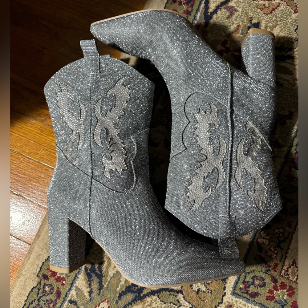 Glittery Gray Western Ankle Boots